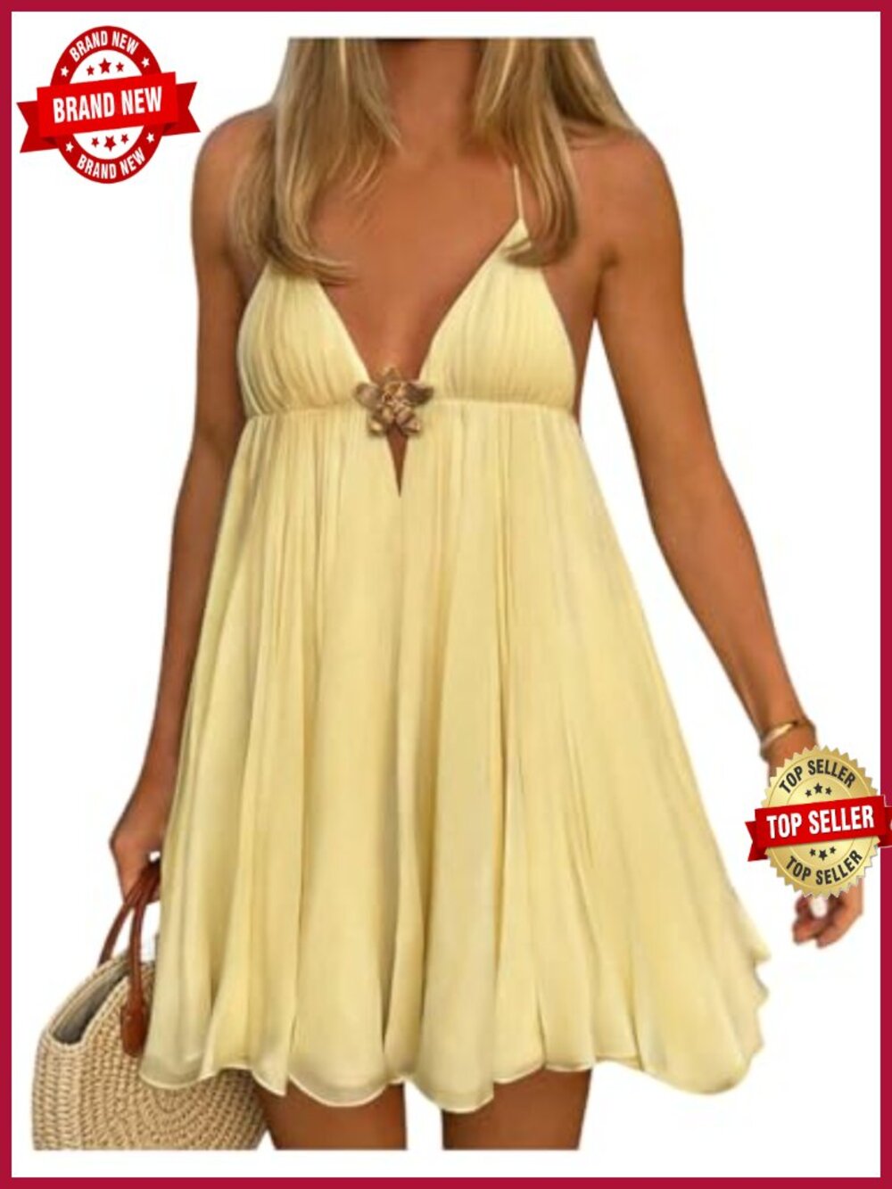 Verdusa Women's V-Neck Babydoll Halter Mini Dress Sleeveless Tie Backless